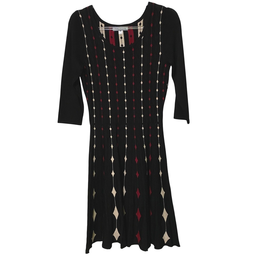 Danny and Nicole Fit Flare Sweater Dress Diamond Geometric M Black Preppy Jester